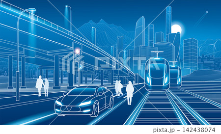 Futuristic smart city with high speed trains, modern car, pedestrians, elevated highway and urban infrastructure. Blue technology vector illustration of future transportation Futuristic smart city with high speed trains, modern car, pedestrians, elevated highway and urban infrastructure. Blue technology vector illustration of future transportation 142438074