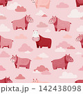 Vector pink color seamless pattern with cute hippos on cream field background 142438098
