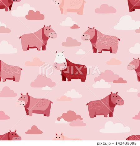 Vector pink color seamless pattern with cute hippos on cream field background 142438098