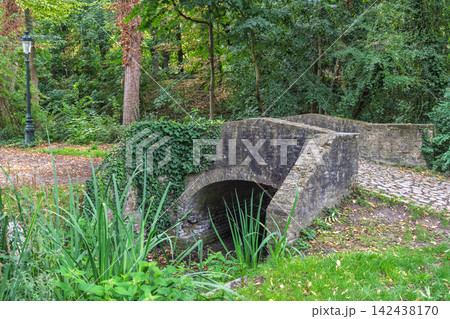 Ancient Stone Footbridge Archway Over Small Stream with Lush Green Foliage and Forest Trees in a Serene Outdoor Park Setting. Bruges town in Belgium, Europe. Ancient Stone Footbridge Archway Over Small Stream with Lush Green Foliage and Forest Trees in a Serene Outdoor Park Setting. Bruges town in Belgium, Europe. 142438170