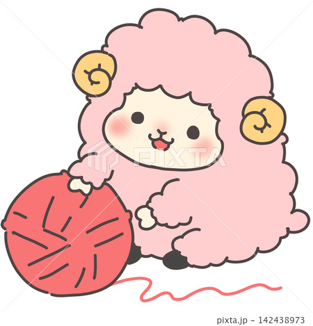 毛糸玉と遊ぶピンクのひつじ 未年の年賀イラスト 毛糸玉と遊ぶピンクのひつじ 未年の年賀イラスト 142438973