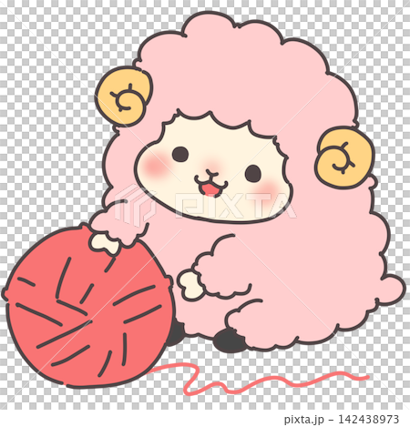 毛糸玉と遊ぶピンクのひつじ 未年の年賀イラスト 毛糸玉と遊ぶピンクのひつじ 未年の年賀イラスト 142438973