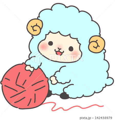 毛糸玉と遊ぶ水色のひつじ 未年の年賀イラスト 毛糸玉と遊ぶ水色のひつじ 未年の年賀イラスト 142438979