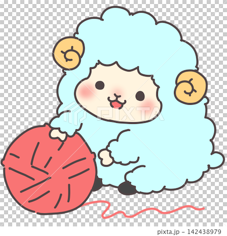 毛糸玉と遊ぶ水色のひつじ 未年の年賀イラスト 毛糸玉と遊ぶ水色のひつじ 未年の年賀イラスト 142438979