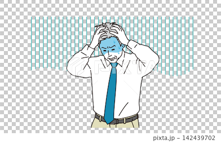 An illustration of a middle-aged businessman with a pale face and his head in his hands. An illustration of a middle-aged businessman with a pale face and his head in his hands. 142439702