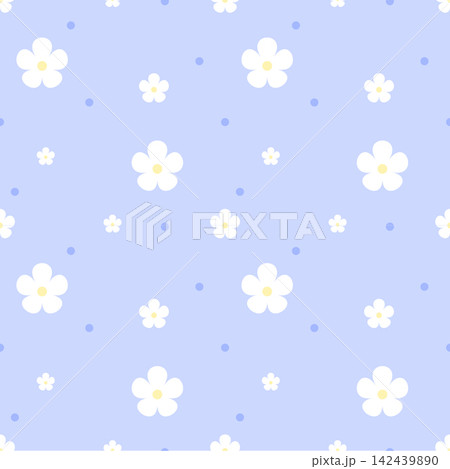 White Flower Seamless Pattern with Dots on Pastel Periwinkle Blue Background White Flower Seamless Pattern with Dots on Pastel Periwinkle Blue Background 142439890