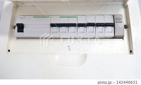Electrical Circuit Breaker Panel Open in Apartment Electrical Circuit Breaker Panel Open in Apartment 142440631