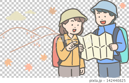 秋のハイキングや登山で地図を確認する若いカップル 秋のハイキングや登山で地図を確認する若いカップル 142440825