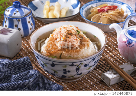 grilled rice ball ochazuke with kombu and salmon grilled rice ball ochazuke with kombu and salmon 142440875