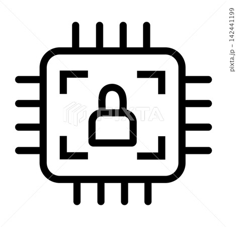 Vector illustration of a microchip or processor unit featuring a central padlock symbol inside a scanner frame, representing concepts of hardware security, cybersecurity, data encryption, digital priv 142441199