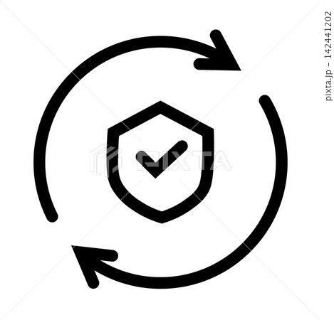 Vector line icon illustrating a secure update process, auto renewal system, or continuous security loop, featuring a shield with a checkmark inside surrounded by circular rotating arrows. Vector line icon illustrating a secure update process, auto renewal system, or continuous security loop, featuring a shield with a checkmark inside surrounded by circular rotating arrows. 142441202