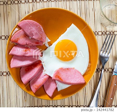 Fried eggs with sausages on plate 142441782