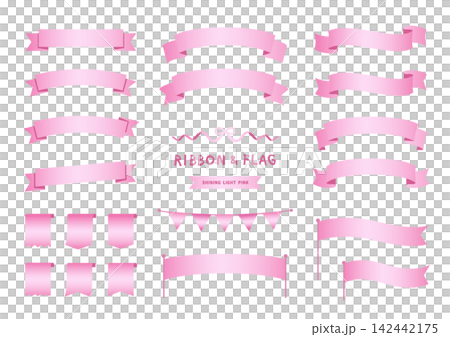 A set of glossy light pink ribbon and flag design elements (banner, garland, bookmark). A set of glossy light pink ribbon and flag design elements (banner, garland, bookmark). 142442175