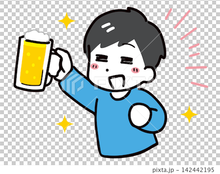 一位身著休閒裝的年輕男子,面帶微笑,手持啤酒杯,擺出碰杯的姿勢。 一位身著休閒裝的年輕男子,面帶微笑,手持啤酒杯,擺出碰杯的姿勢。 142442195