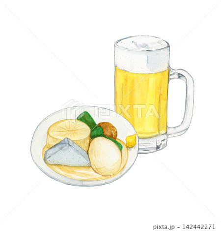 おでん盛り合わせとビールの水彩イラスト おでん盛り合わせとビールの水彩イラスト 142442271