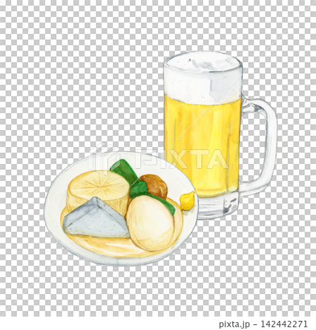 おでん盛り合わせとビールの水彩イラスト おでん盛り合わせとビールの水彩イラスト 142442271