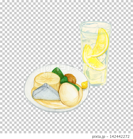 A watercolor illustration of an assortment of oden and lemon sour. A watercolor illustration of an assortment of oden and lemon sour. 142442272