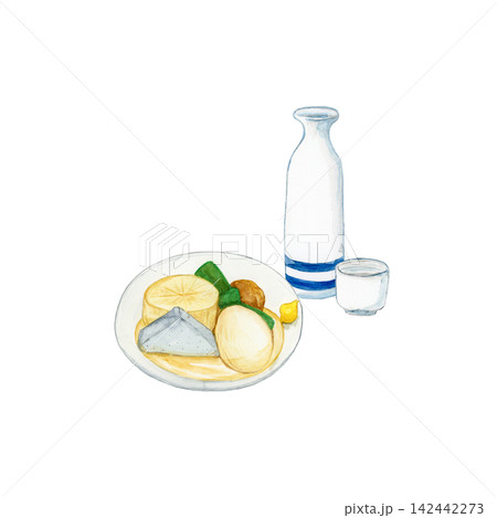 おでんと日本酒の冬の食卓水彩イラスト おでんと日本酒の冬の食卓水彩イラスト 142442273