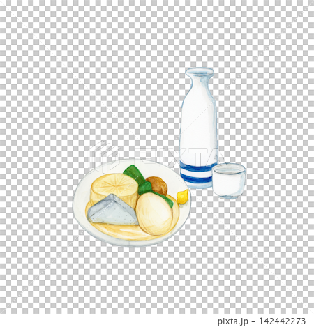 おでんと日本酒の冬の食卓水彩イラスト おでんと日本酒の冬の食卓水彩イラスト 142442273
