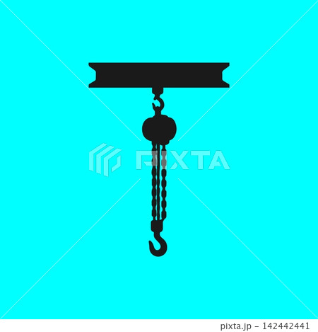Black chain hoist with hook for lifting heavy loads in industrial settings. 142442441
