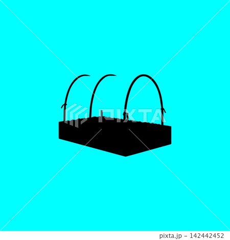 Black hoop tunnel greenhouse silhouette icon for vegetable bed protection. Black hoop tunnel greenhouse silhouette icon for vegetable bed protection. 142442452