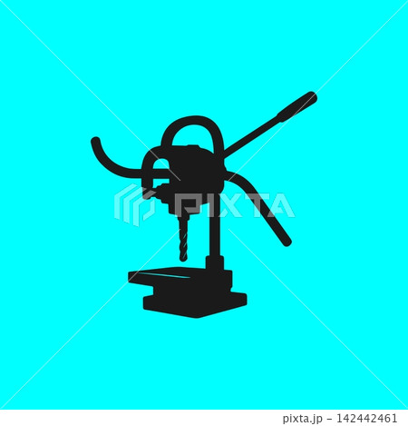 Black silhouette of a drill press vector illustration on blue background for industrial projects and workshop designs. Black silhouette of a drill press vector illustration on blue background for industrial projects and workshop designs. 142442461
