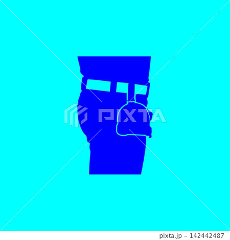 Blue silhouette of person wearing tool belt with pouch on bright cyan background. 142442487