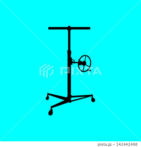 Drywall lift black silhouette on a vibrant cyan background for ceiling and wall installation assistance. 142442498