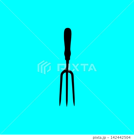 Garden hand fork tool black silhouette icon on cyan background for soil cultivation and weeding. Garden hand fork tool black silhouette icon on cyan background for soil cultivation and weeding. 142442504