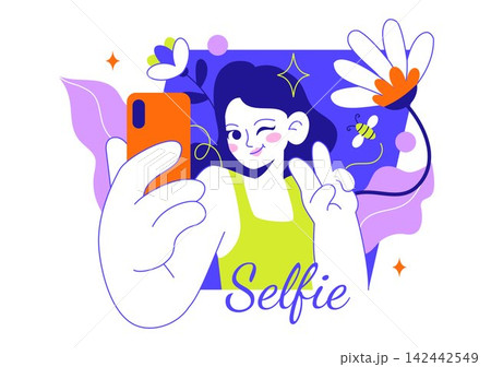 Selfie Vector Illustration Featuring Happy Friends Taking Photos, Smartphone Photography, Social Media Sharing and Modern Digital Lifestyle Selfie Vector Illustration Featuring Happy Friends Taking Photos, Smartphone Photography, Social Media Sharing and Modern Digital Lifestyle 142442549
