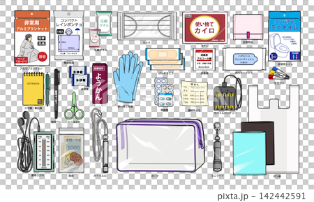 Various items to include in a disaster preparedness pouch (light purple clear pouch with text). Various items to include in a disaster preparedness pouch (light purple clear pouch with text). 142442591