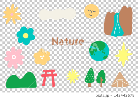 一組可愛的手繪自然、花卉和地球插圖。 142442679