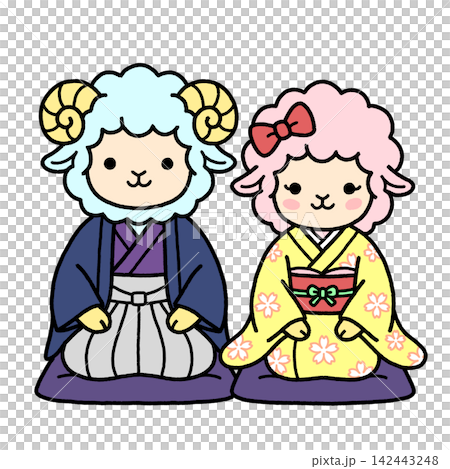 A sheep brother and sister sitting in the seiza position. A sheep brother and sister sitting in the seiza position. 142443248