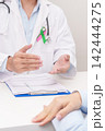 Doctor and patient having a medical consultation for green and pink ribbon to patient for concept of October Metastatic Breast Cancer Awareness month, National Cancer Survivors Month and Pink October 142444275