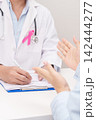 Doctor and patient having a medical consultation for Breast Cancer Awareness month, explaining a treatment plan, discussing diagnosis, and giving advice during a health checkup in hospital room 142444277