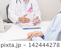 Doctor and patient having a medical consultation for Breast Cancer Awareness month, explaining a treatment plan, discussing diagnosis, and giving advice during a health checkup in hospital room 142444278