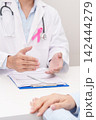Doctor and patient having a medical consultation for Breast Cancer Awareness month, explaining a treatment plan, discussing diagnosis, and giving advice during a health checkup in hospital room 142444279