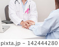 professional doctor holding patient hand to comfort and support with empathy for Breast Cancer Awareness month, World Cancer Day, National Cancer Survivors Month and Pink October concept in hospital 142444280