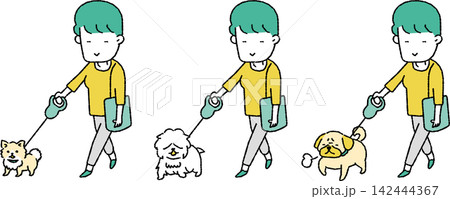 小型犬とお散歩をする女性のイラスト 小型犬とお散歩をする女性のイラスト 142444367