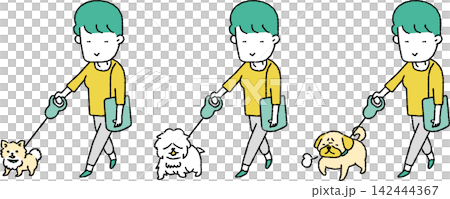 小型犬とお散歩をする女性のイラスト 小型犬とお散歩をする女性のイラスト 142444367
