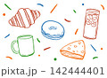 コーヒーとスイーツの手描きイラスト 142444401