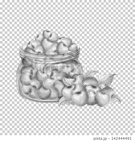 Hand-drawn pencil sketch of mason jar filled with fresh cherries. Illustration on white for artisanal jam packaging, recipe books and organic food branding, rustic, culinary designs Hand-drawn pencil sketch of mason jar filled with fresh cherries. Illustration on white for artisanal jam packaging, recipe books and organic food branding, rustic, culinary designs 142444491