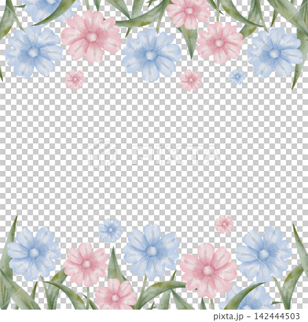 Watercolor floral border with illustration pink and blue blossoms, daisy, central space for text on white background. Mockup spring wedding banners, garden party, romantic greeting cards, packaging Watercolor floral border with illustration pink and blue blossoms, daisy, central space for text on white background. Mockup spring wedding banners, garden party, romantic greeting cards, packaging 142444503