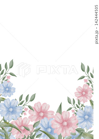 Vertical watercolor floral border frame with illustrations blue and pink flowers, daisy, cosmos at the bottom, isolated on white background with copy-space for romantic card designs, packaging 142444505