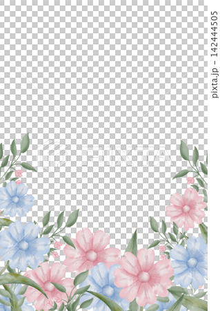 Vertical watercolor floral border frame with illustrations blue and pink flowers, daisy, cosmos at the bottom, isolated on white background with copy-space for romantic card designs, packaging 142444505