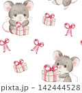Seamless watercolor pattern with illustrations cute grey mouse characters with gift boxes and pink bows on white background. For nursery textiles and festive wrapping paper, birthday party, packaging 142444528