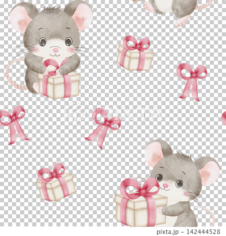 Seamless watercolor pattern with illustrations cute grey mouse characters with gift boxes and pink bows on white background. For nursery textiles and festive wrapping paper, birthday party, packaging Seamless watercolor pattern with illustrations cute grey mouse characters with gift boxes and pink bows on white background. For nursery textiles and festive wrapping paper, birthday party, packaging 142444528