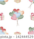 Seamless watercolor pattern with multicolor heart balloons and gift boxes, bow, on white background. For festive birthday wrapping paper, Valentine's Day textiles, and romantic nursery wallpaper 142444529