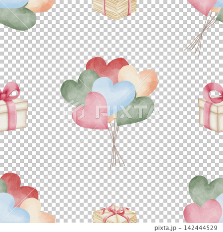 Seamless watercolor pattern with multicolor heart balloons and gift boxes, bow, on white background. For festive birthday wrapping paper, Valentine's Day textiles, and romantic nursery wallpaper Seamless watercolor pattern with multicolor heart balloons and gift boxes, bow, on white background. For festive birthday wrapping paper, Valentine's Day textiles, and romantic nursery wallpaper 142444529
