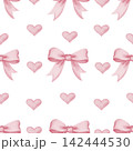 Seamless watercolor pattern with pink bows and hearts on white background, Illustrations for romantic Valentine designs, nursery wallpaper, and girls fabric prints, baby shower and packaging 142444530